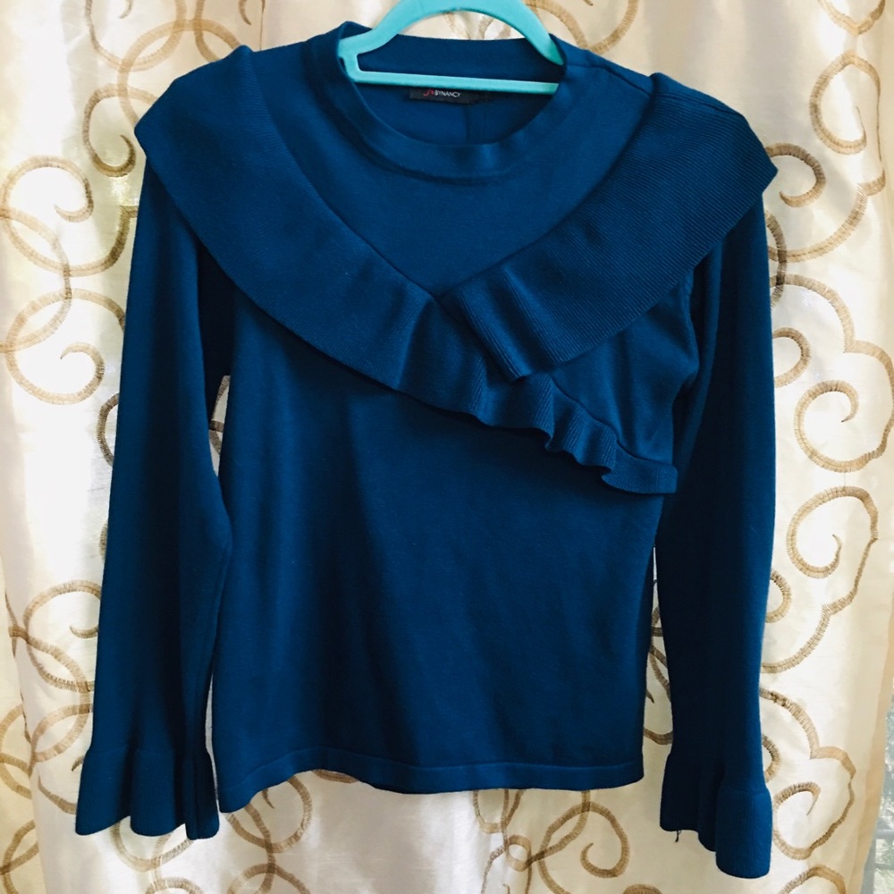 Turquoise blue sweater size L M/8 ruffles vintage